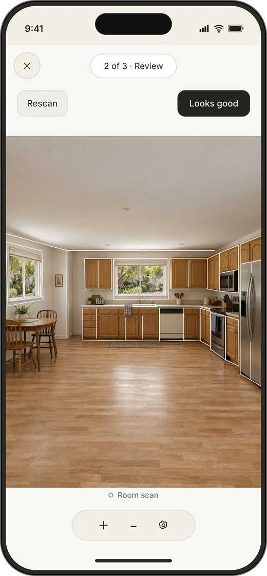 Kitchen scan with white outlines around the walls and cabinets.