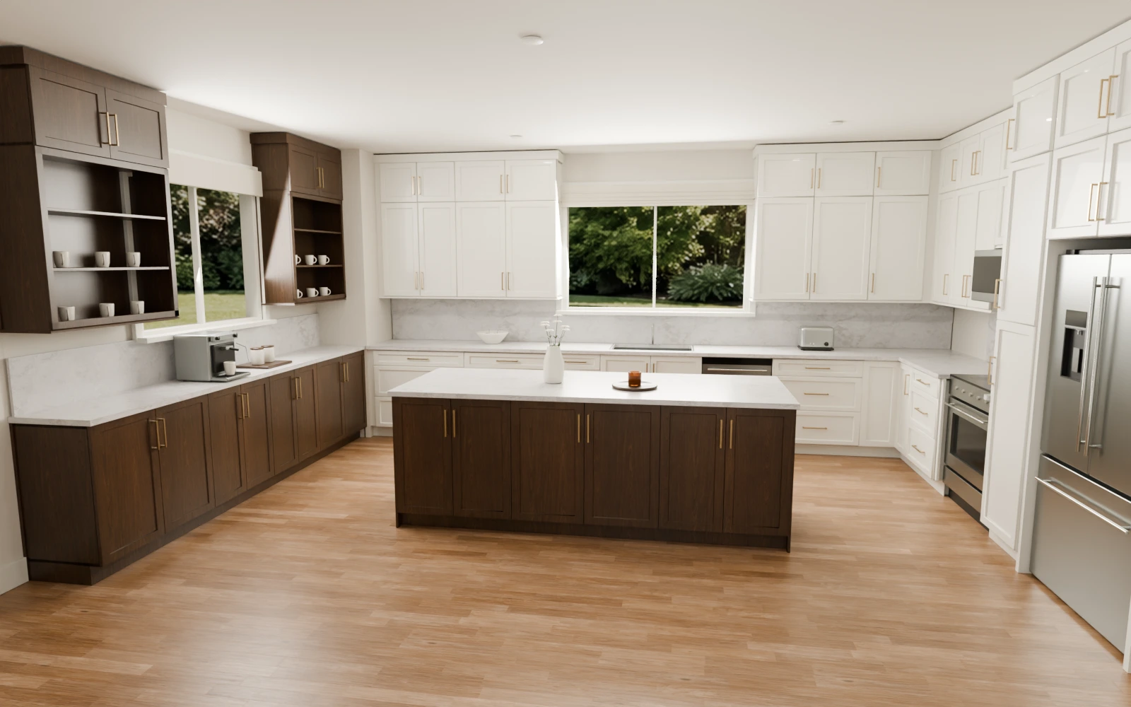 A sunlit kitchen with walnut cabinets, a marble island, and a coffee bar.